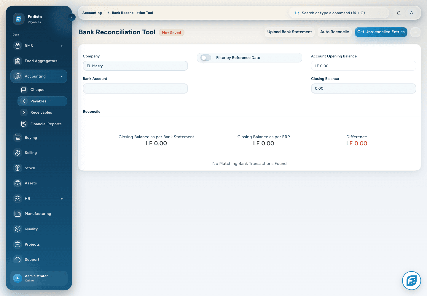 Accounting · Actual Bank Reconciliation Tool configuration view.