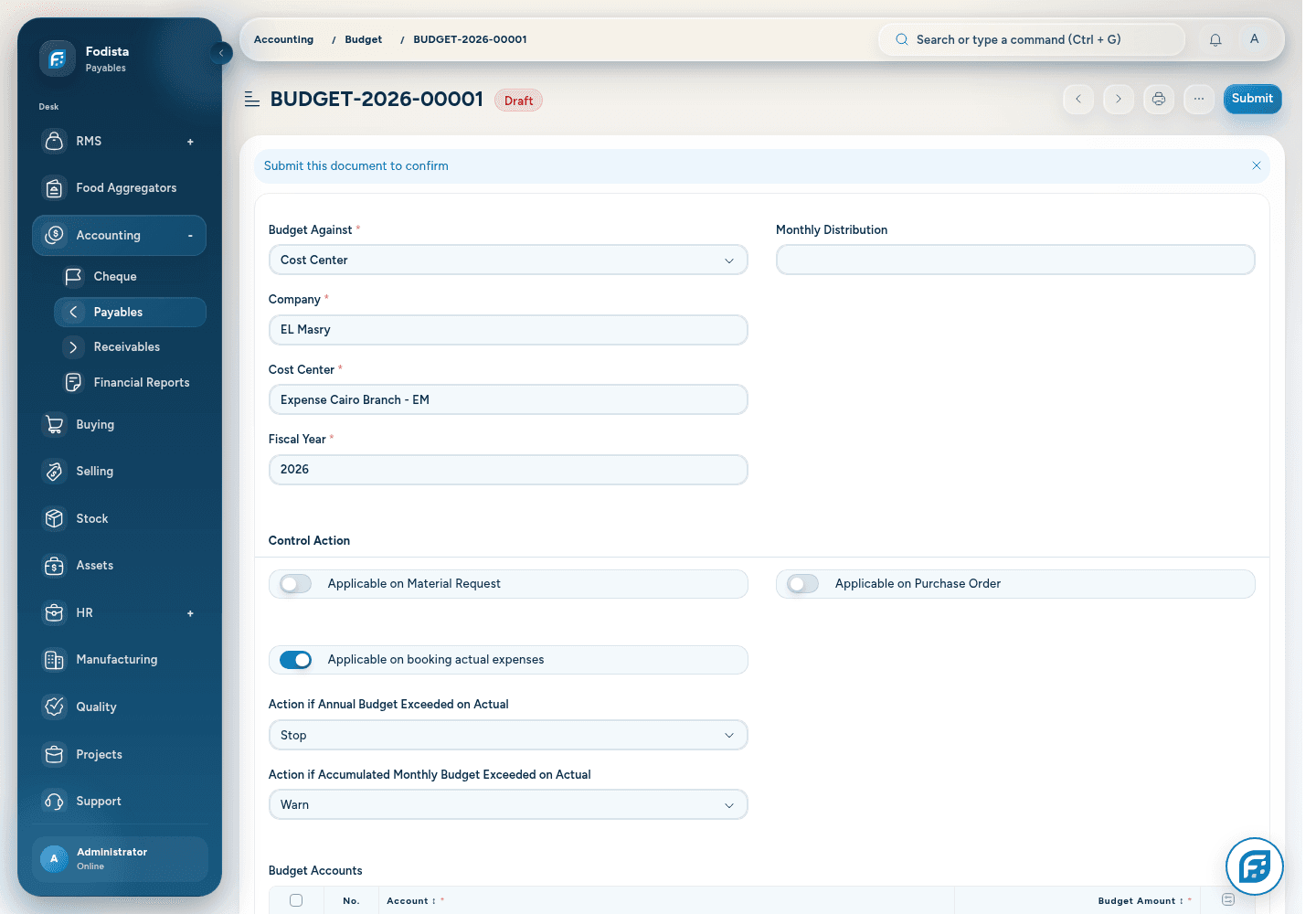 Accounting · Actual Budget configuration area.