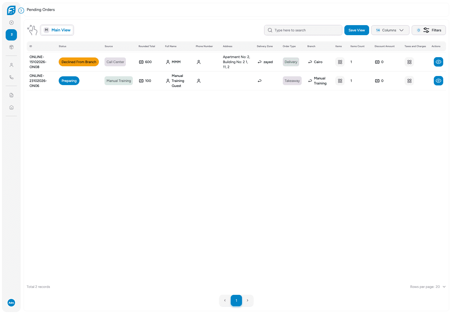 Call Center · Actual online-order queue connected to restaurant operations.