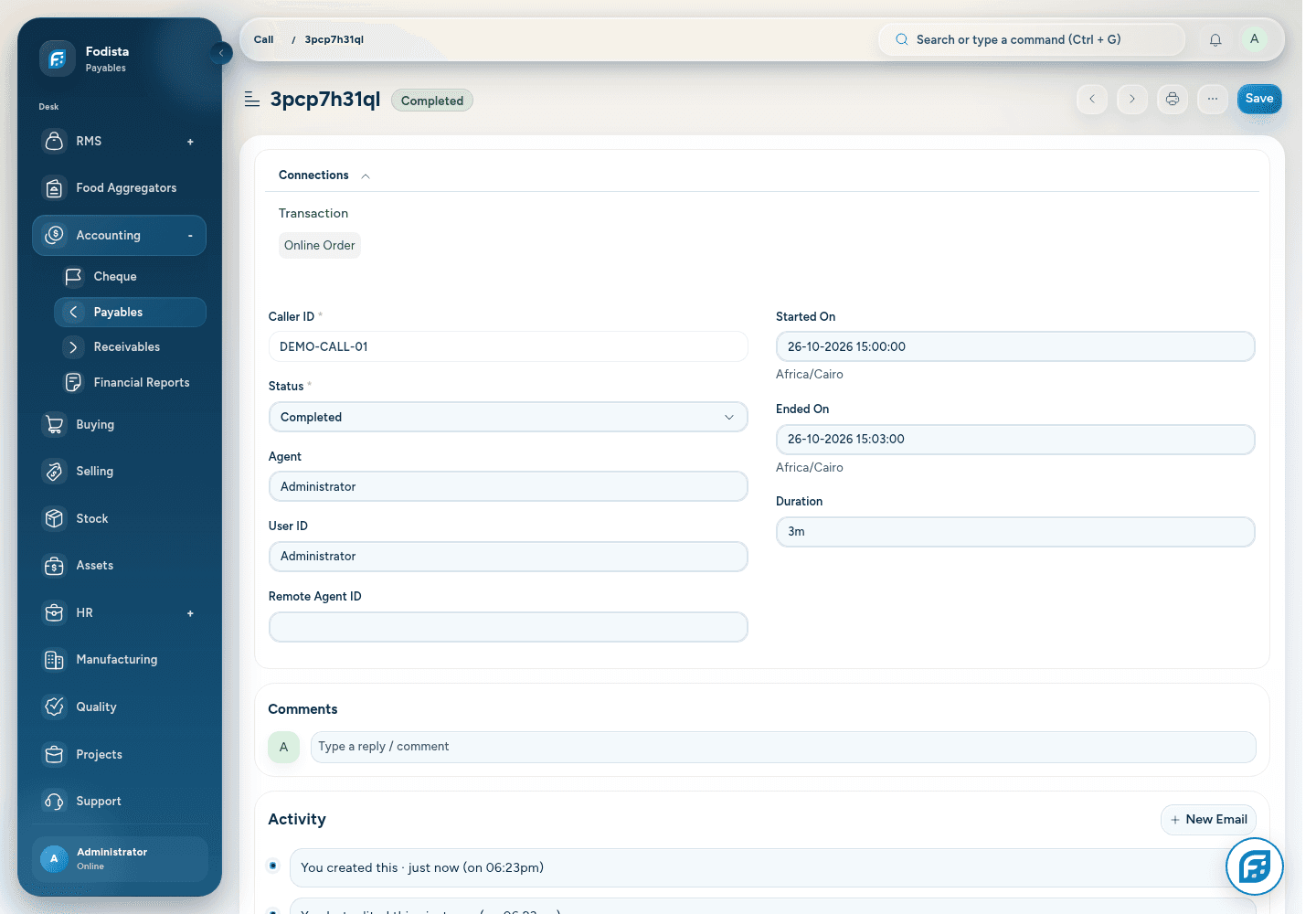 Synthetic saved Call record in the demonstration environment.