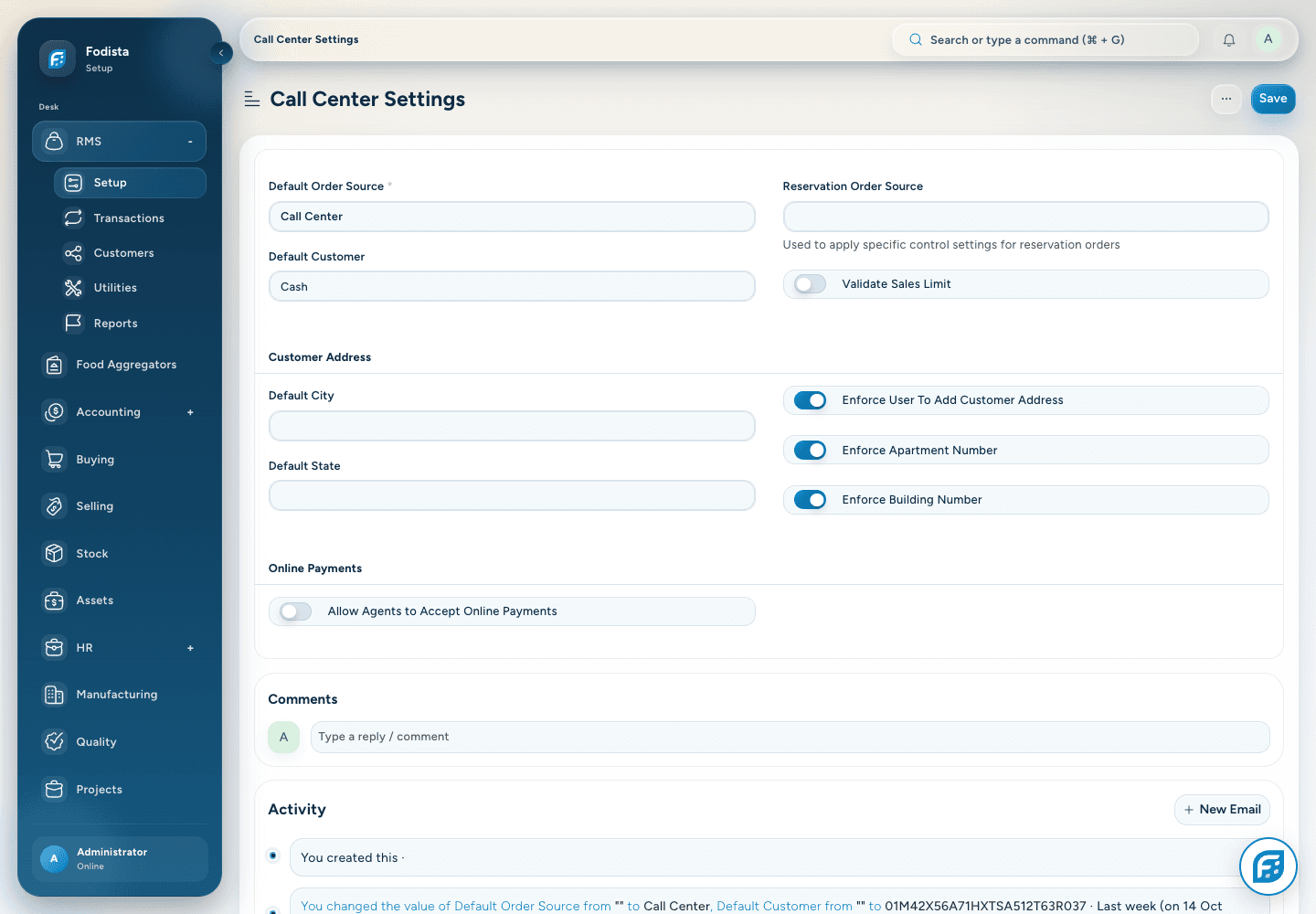 RMS · Saved Call Center Settings in the demonstration site.