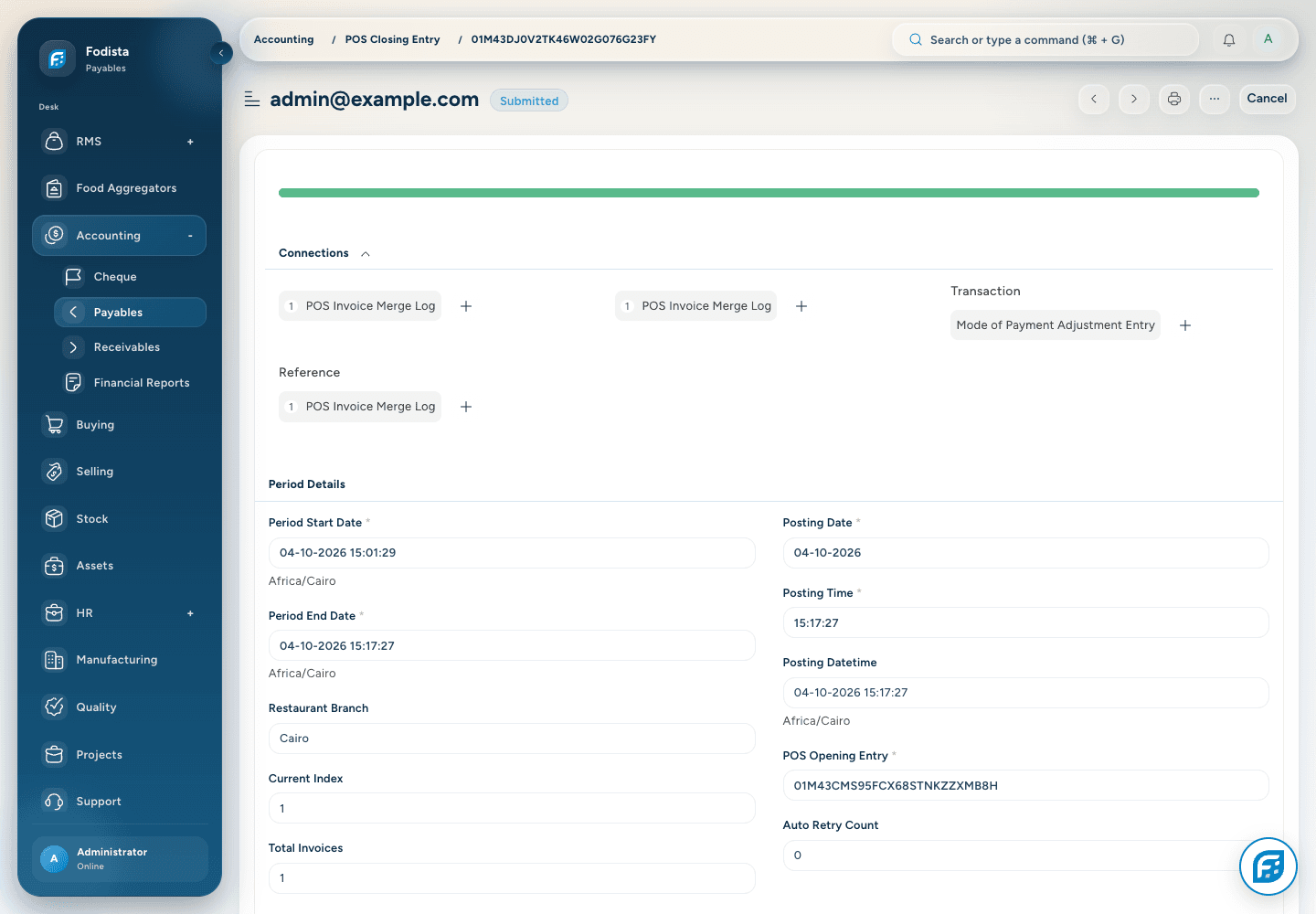 RMS · Actual POS closing records and session controls.