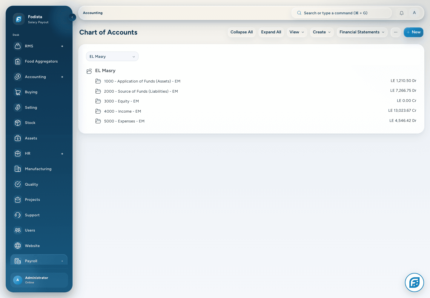 Accounting · Actual chart of accounts for the demonstration company.