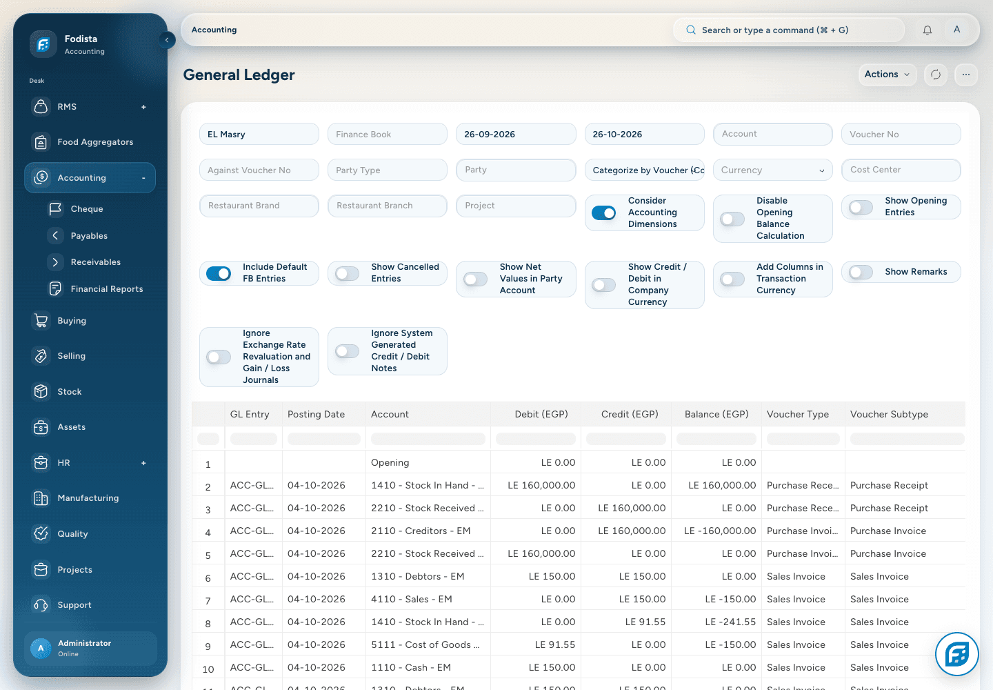 Accounting · Actual General Ledger with demonstration entries.