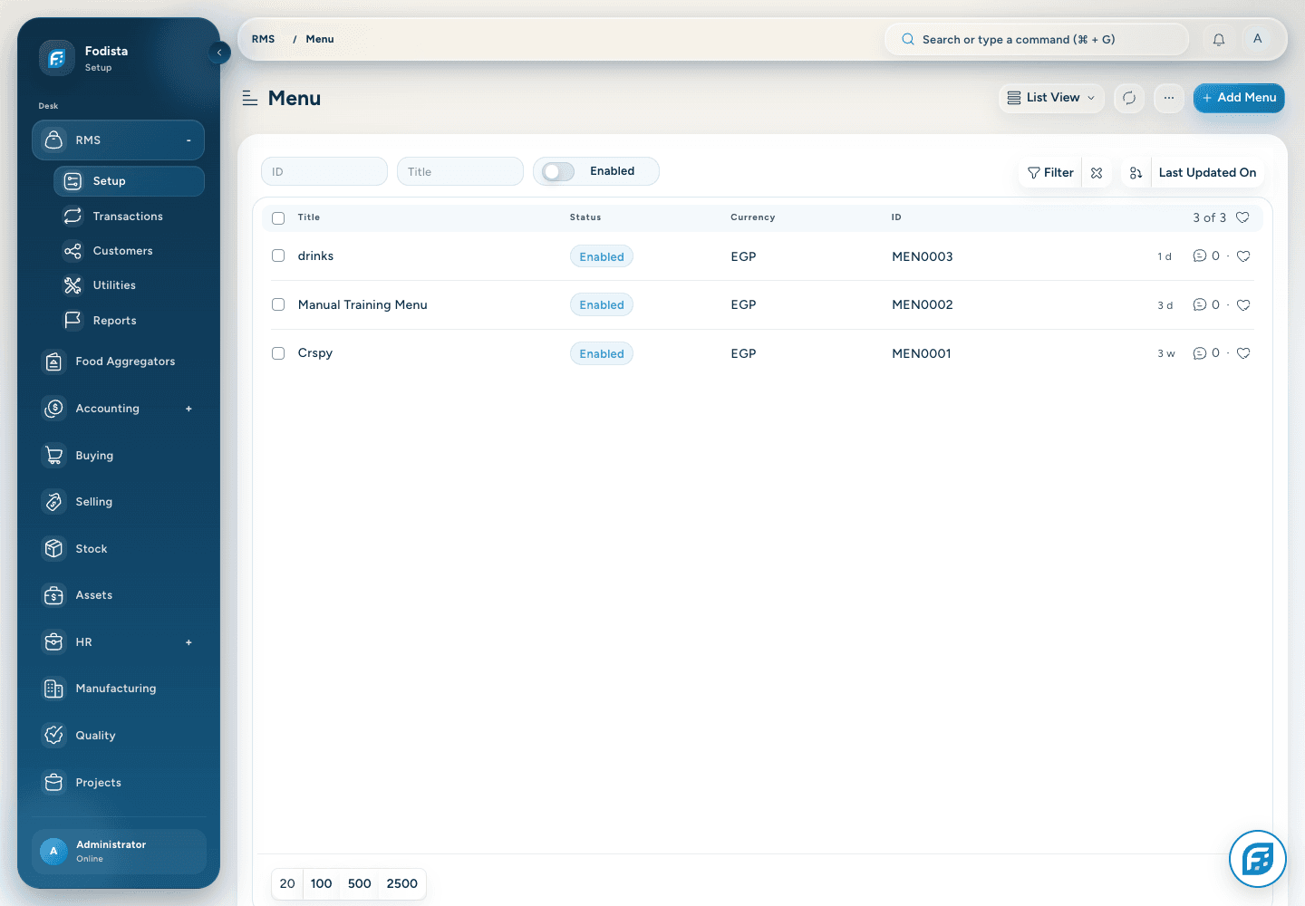 RMS · Actual menus on the demonstration site.