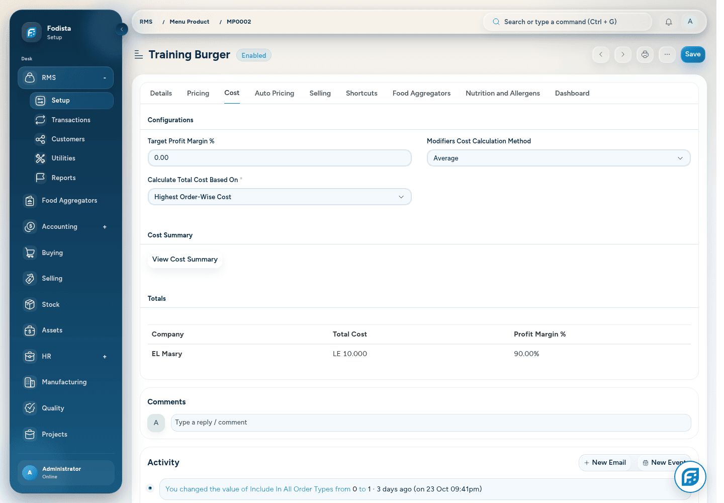 RMS · Actual Menu Product recipe and costing screen.
