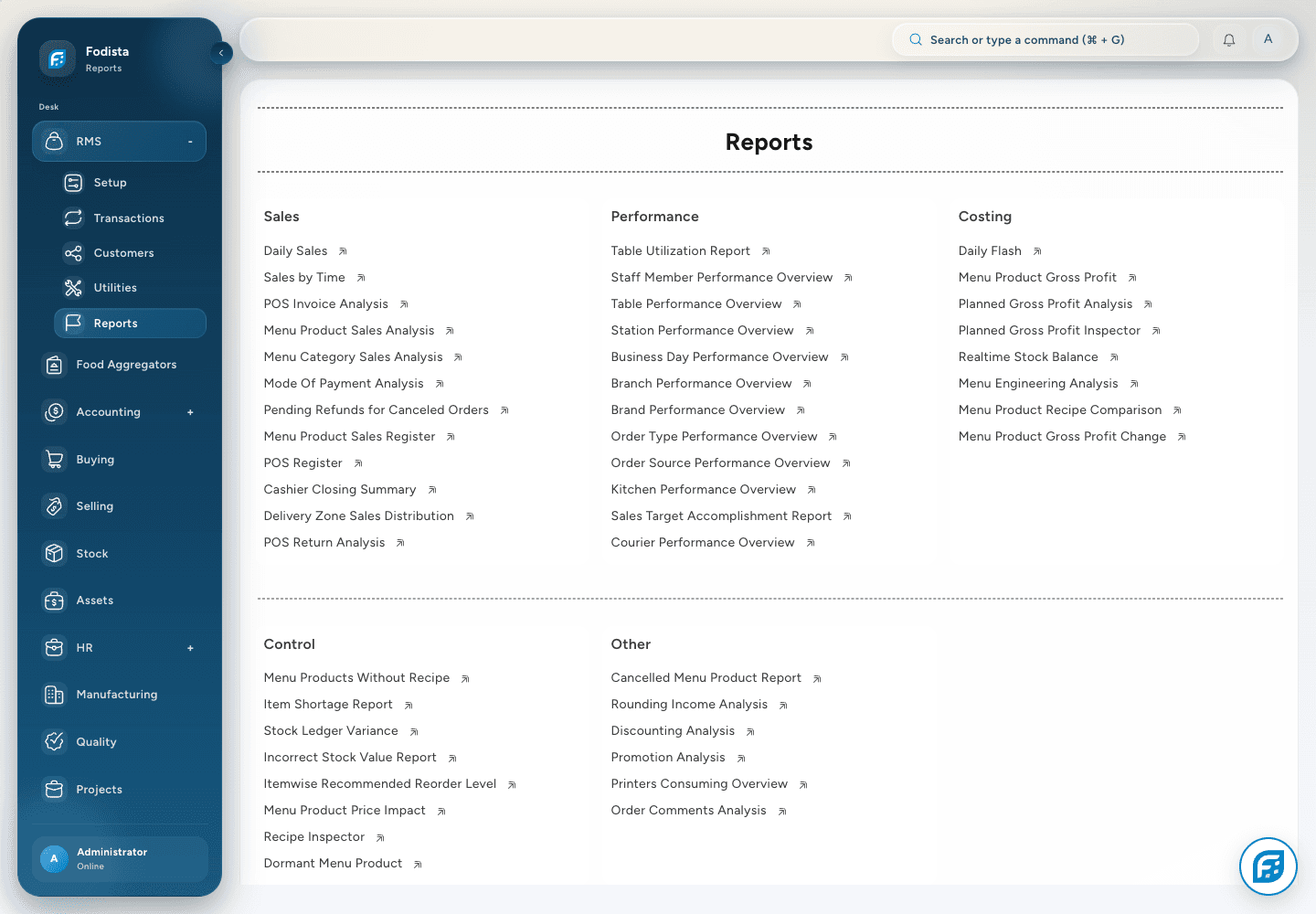 RMS · Actual report families available in the demonstration site.