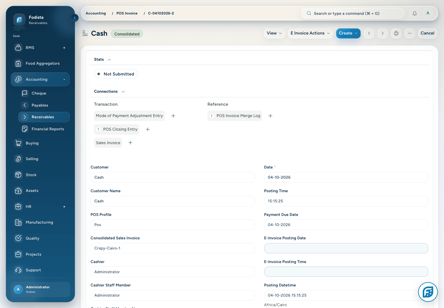 RMS · Actual return/correction document view in the demo.