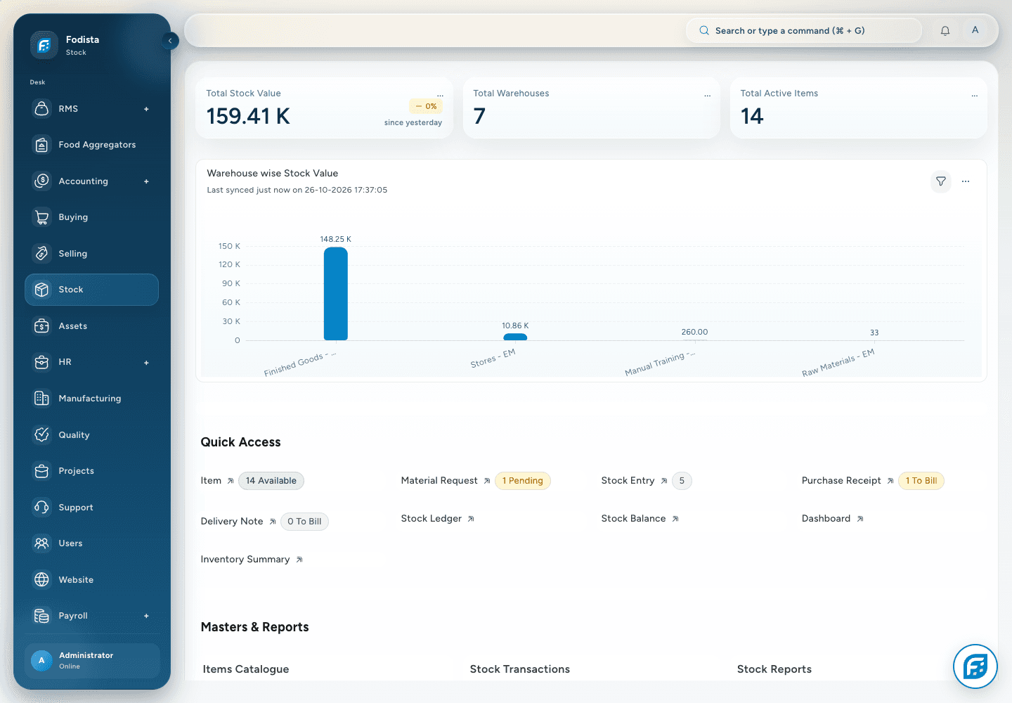 Stock · Actual inventory workspace and demonstration records.