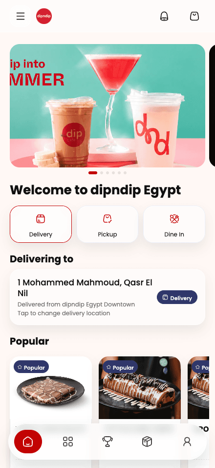 dipndip's home experience in Reach with its own colors and imagery.