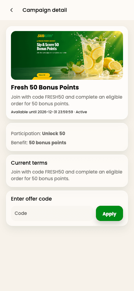An actual Subway online campaign in Reach, showing its offer and details.