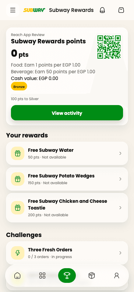 Reach loyalty screen showing a Subway customer's actual demonstration loyalty status and rewards.