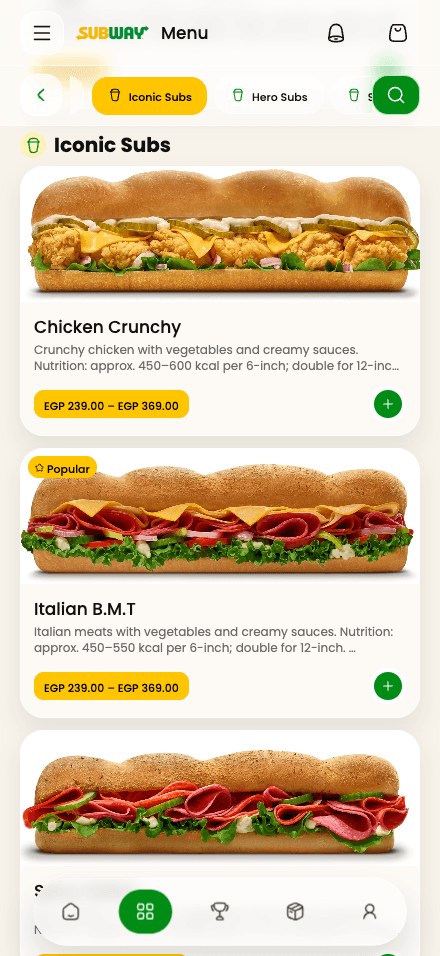 The actual Reach menu displaying Subway products as wide cards.