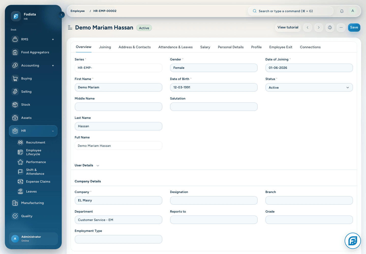 HR · Actual profile of a synthetic demonstration employee.