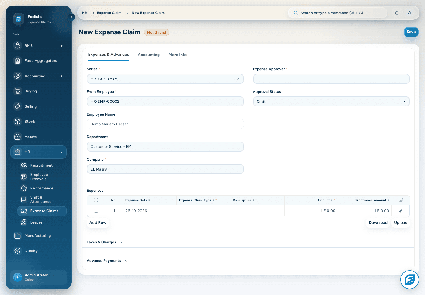 HR · Actual Expense Claim form; demonstration configuration view.