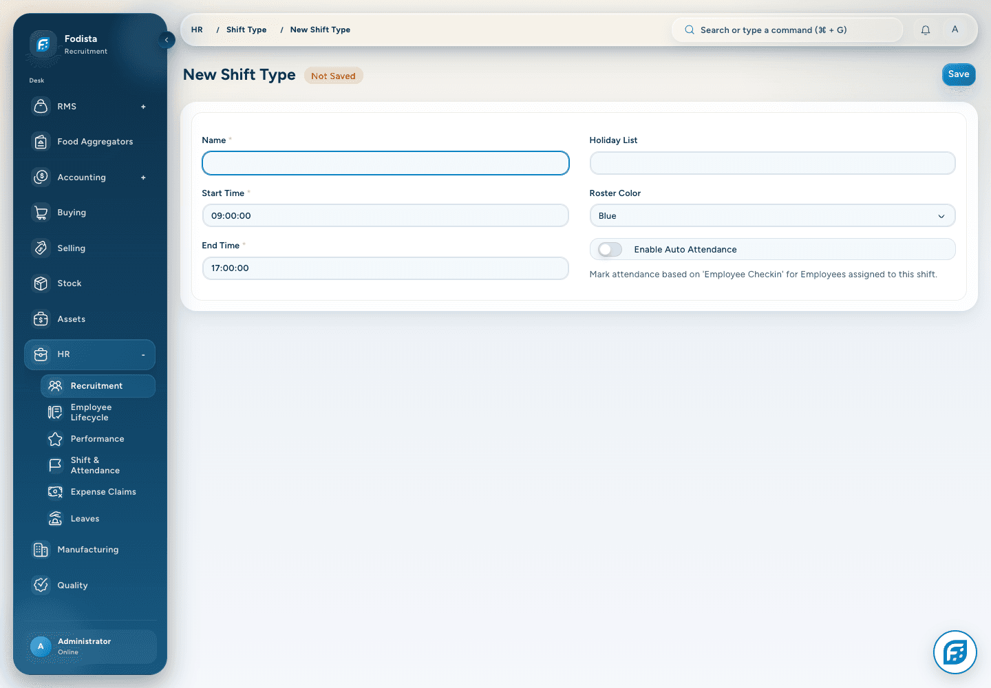 HR · Actual Shift Type setup form.