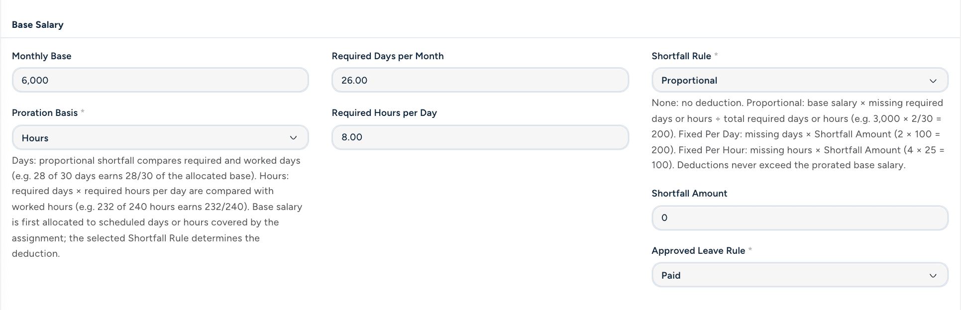 Authentic Dash courier compensation demonstration screen; Base pay terms · saved illustrative salary, attendance, and proration rules.