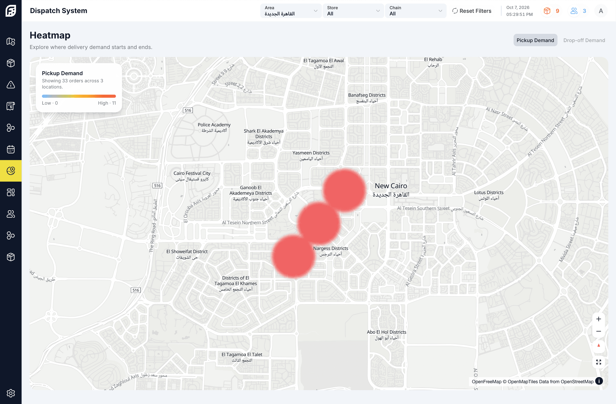 Authentic Dash demand in context demonstration screen; Heatmap · demonstration order locations in the selected operating area.
