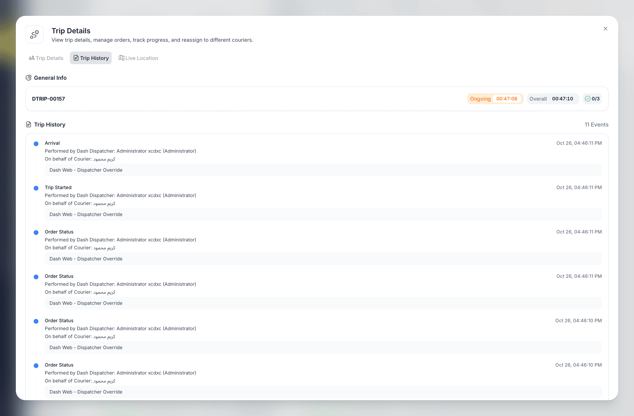 Authentic Dash accountability demonstration screen; Trip history · recorded pickup, arrival, and delivery actions from the native workflow.