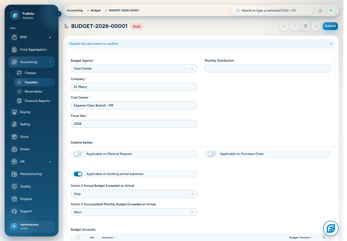 Accounting · Actual Budget configuration area.