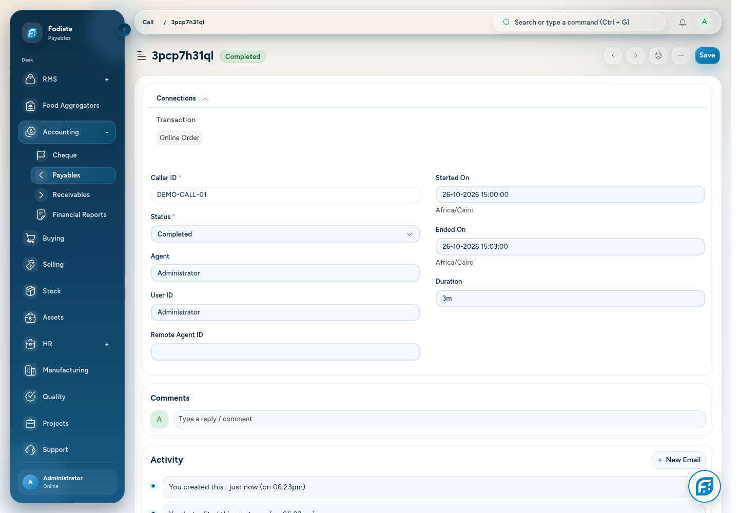 Synthetic saved Call record in the demonstration environment.
