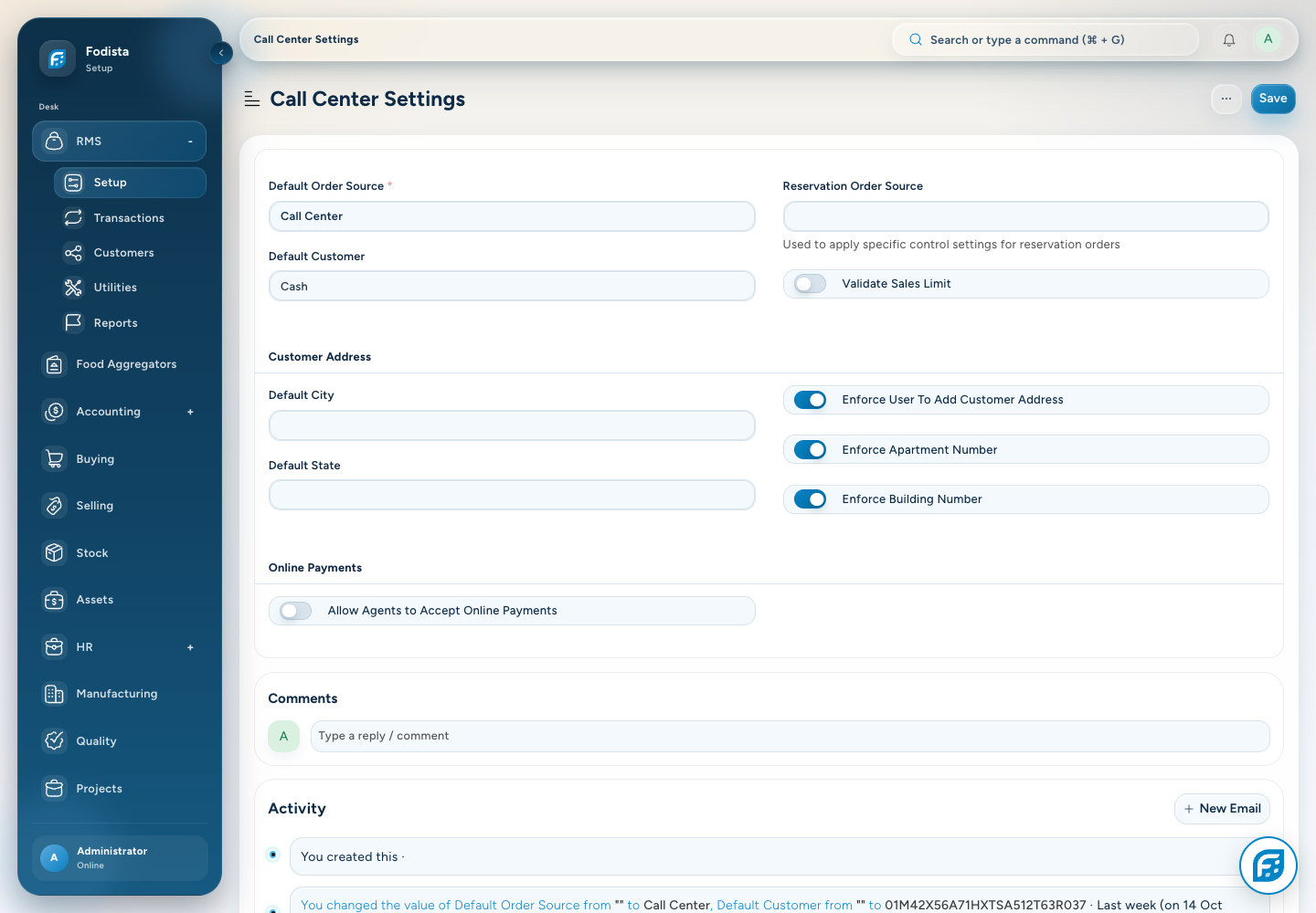 RMS · Saved Call Center Settings in the demonstration site.