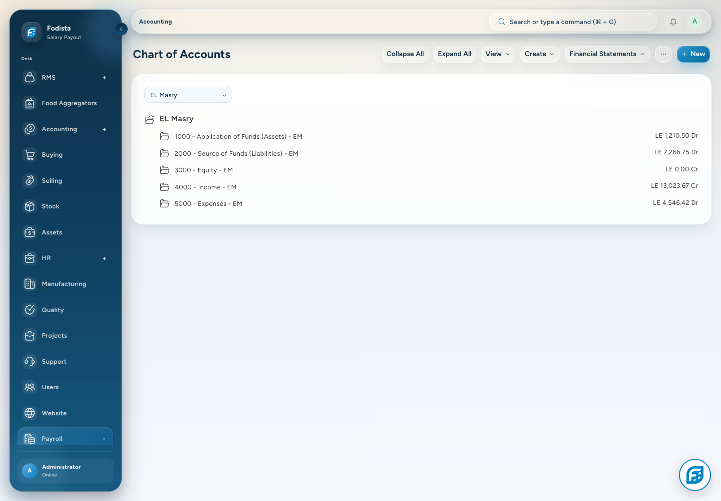 Accounting · Actual chart of accounts for the demonstration company.