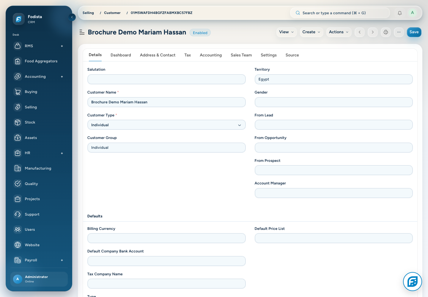 Call Center · Actual customer/address detail screen in the demo.
