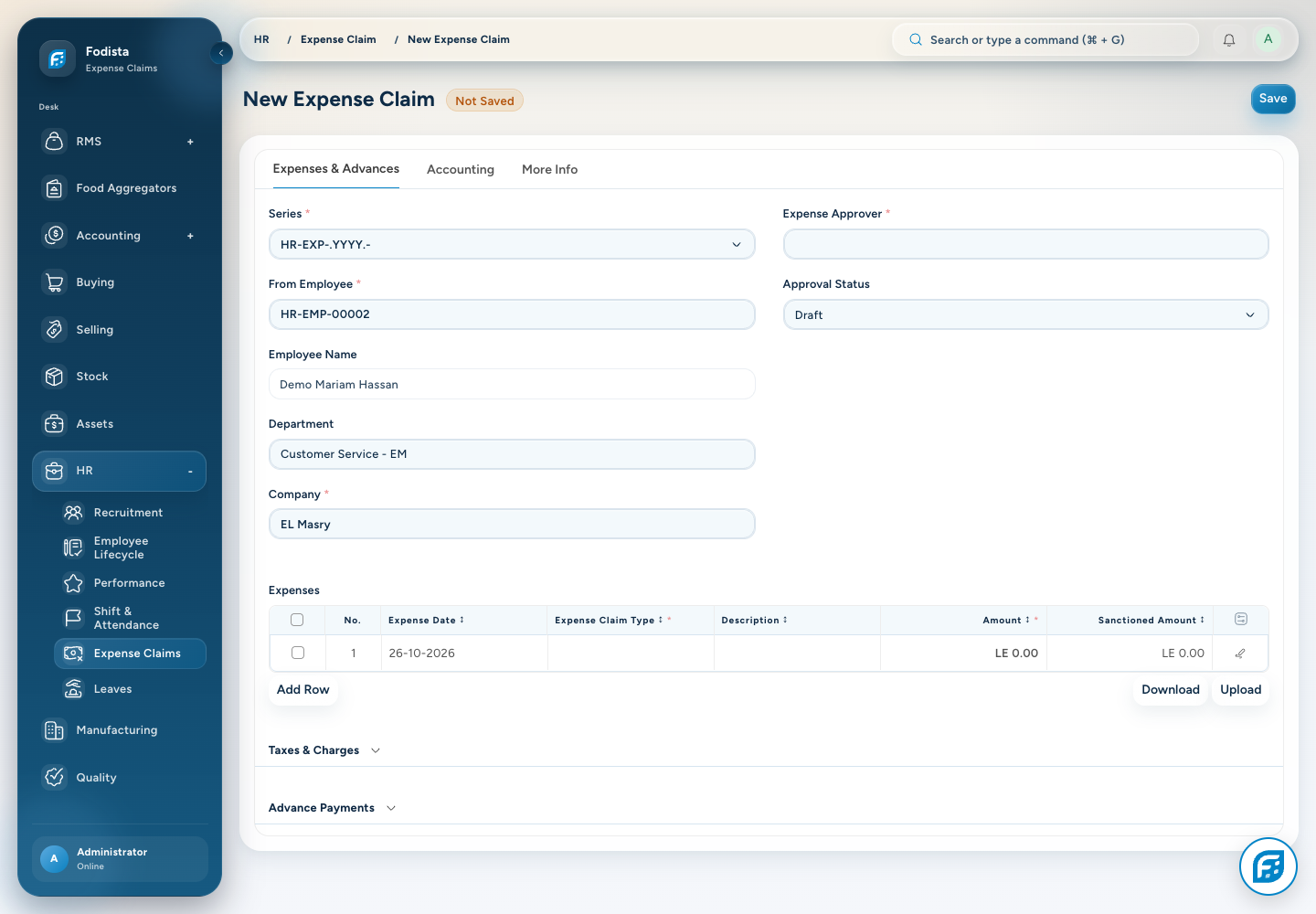 HR · Actual Expense Claim form; demonstration configuration view.