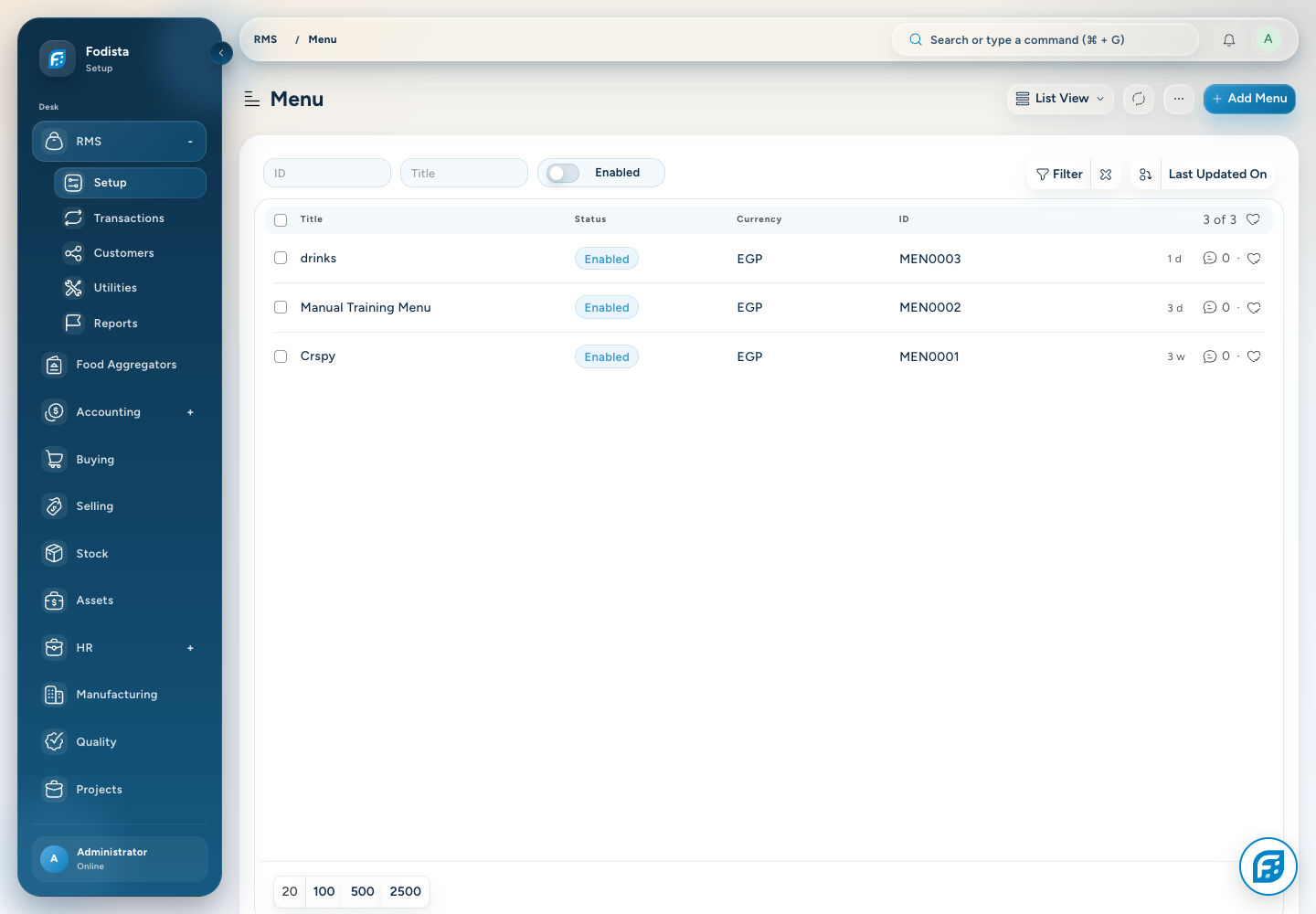 RMS · Actual menus on the demonstration site.