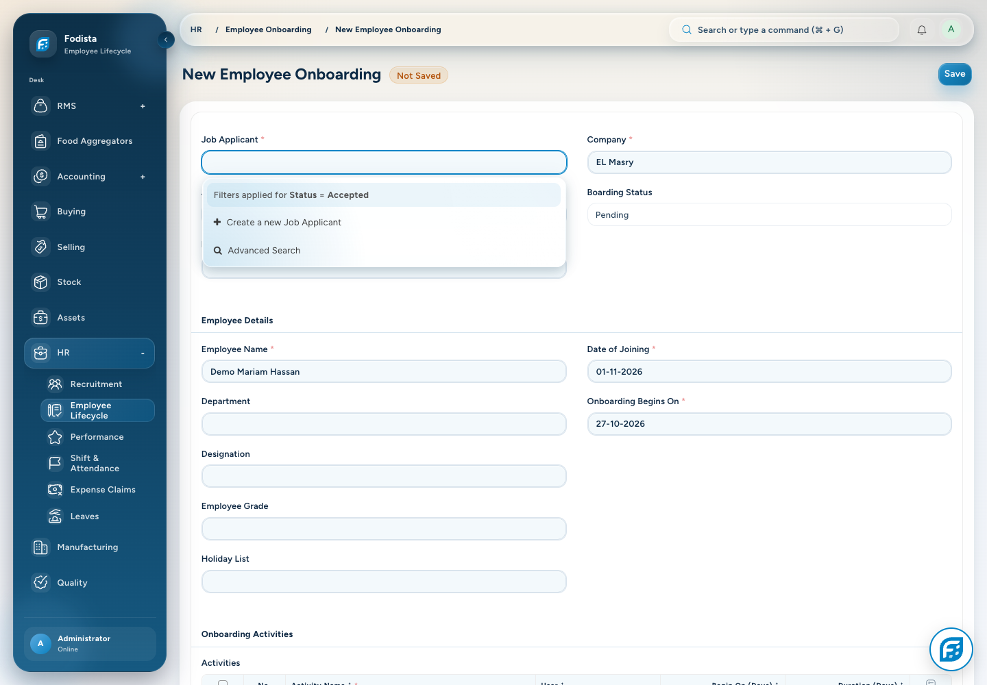HR · Actual Employee Onboarding form; demonstration setup view.