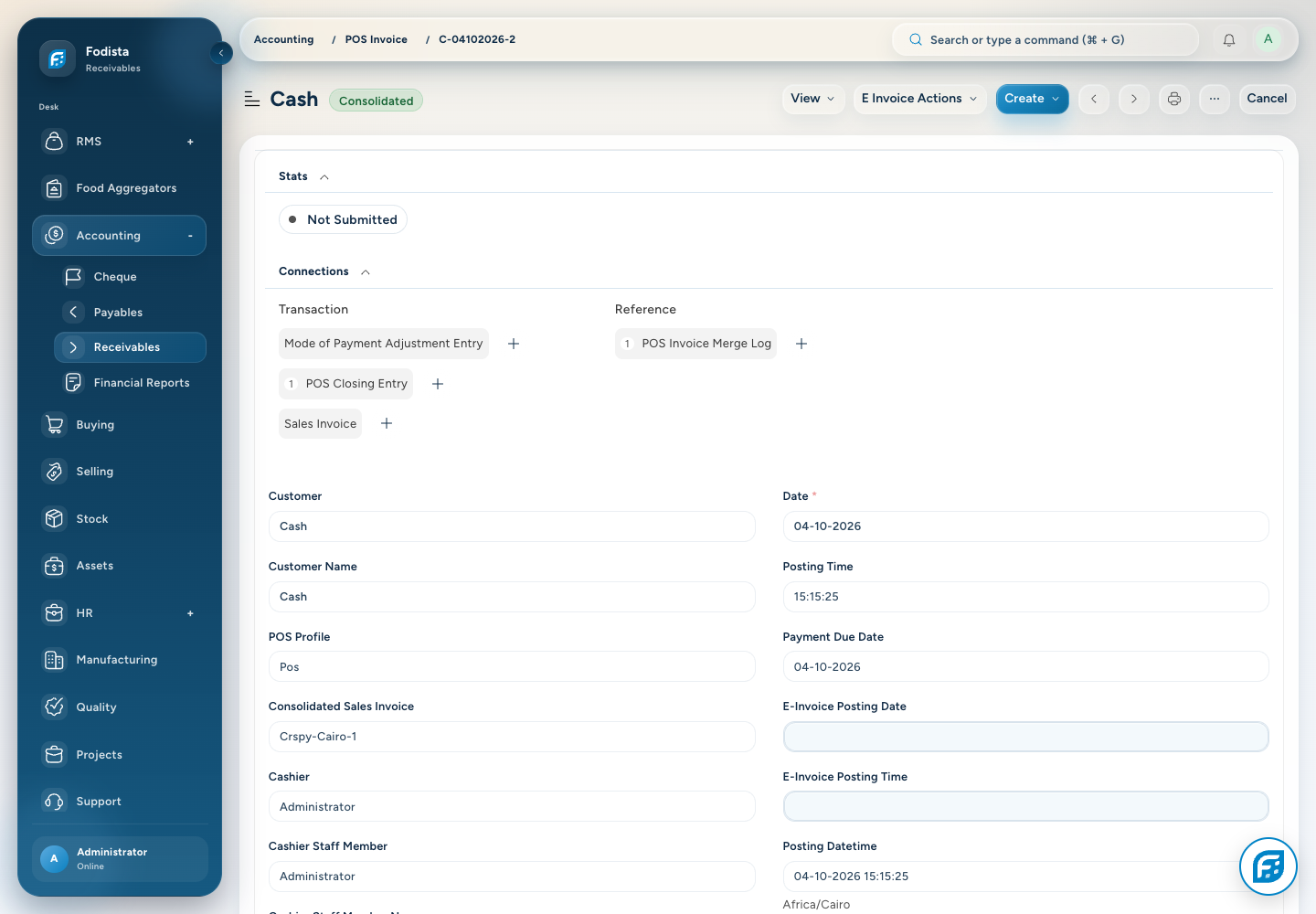 RMS · Actual return/correction document view in the demo.