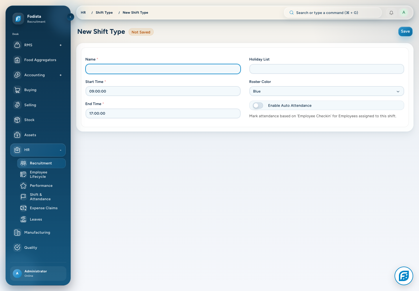 HR · Actual Shift Type setup form.