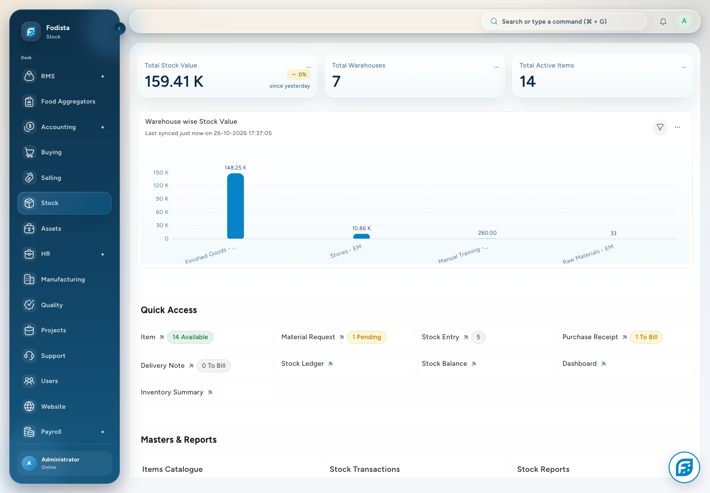 Stock · Actual inventory workspace and demonstration records.