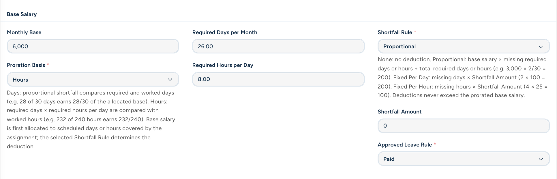 Authentic Dash courier compensation demonstration screen; Base pay terms · saved illustrative salary, attendance, and proration rules.