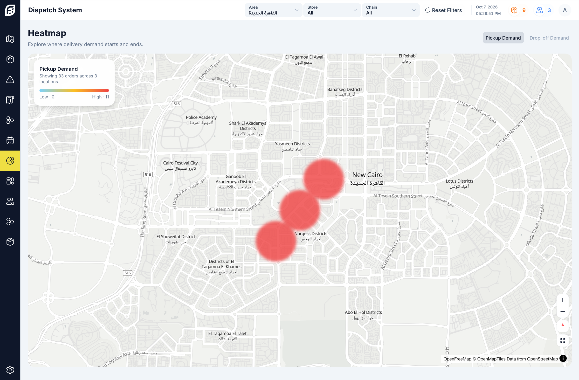 Authentic Dash demand in context demonstration screen; Heatmap · demonstration order locations in the selected operating area.