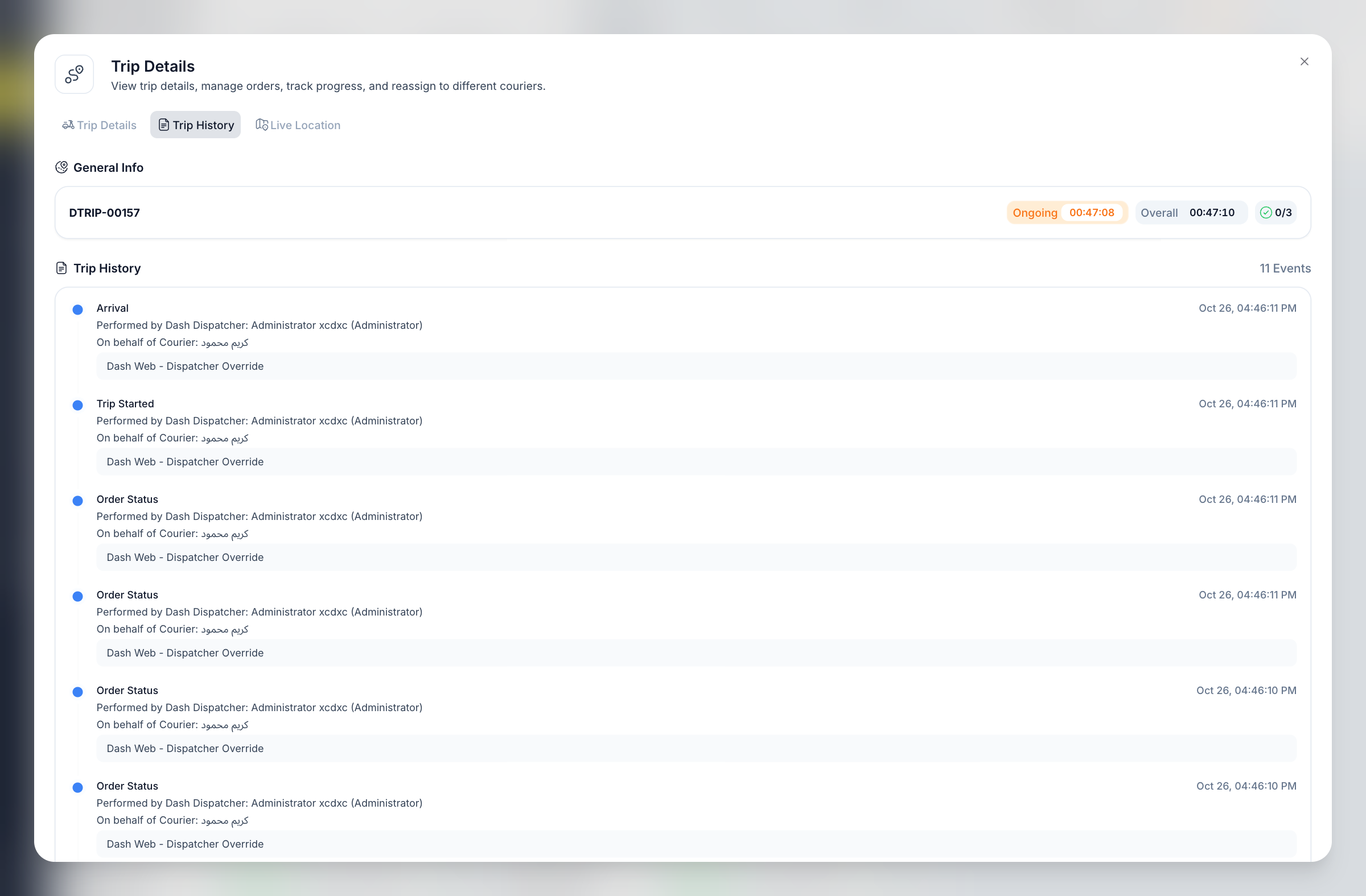 Authentic Dash accountability demonstration screen; Trip history · recorded pickup, arrival, and delivery actions from the native workflow.