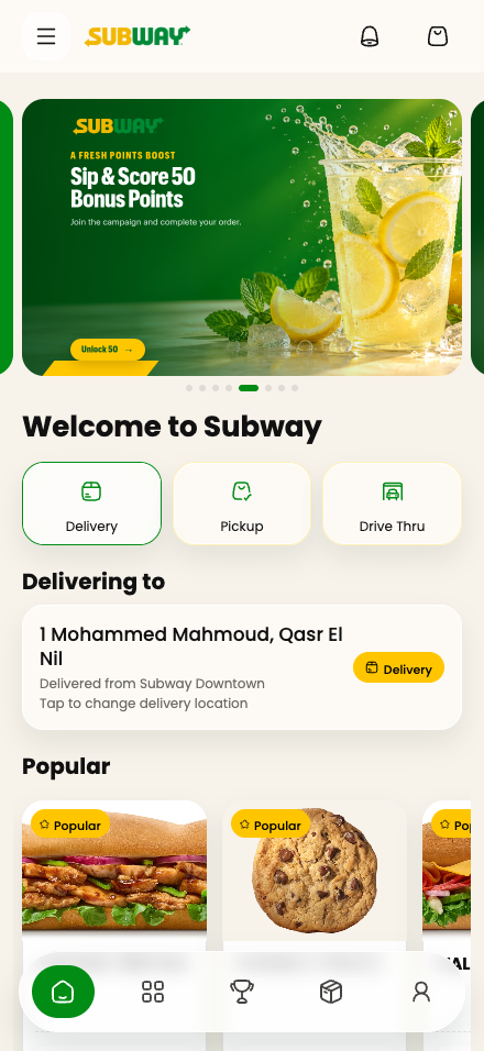 Reach home screen with Subway branding, featured food, and popular products.