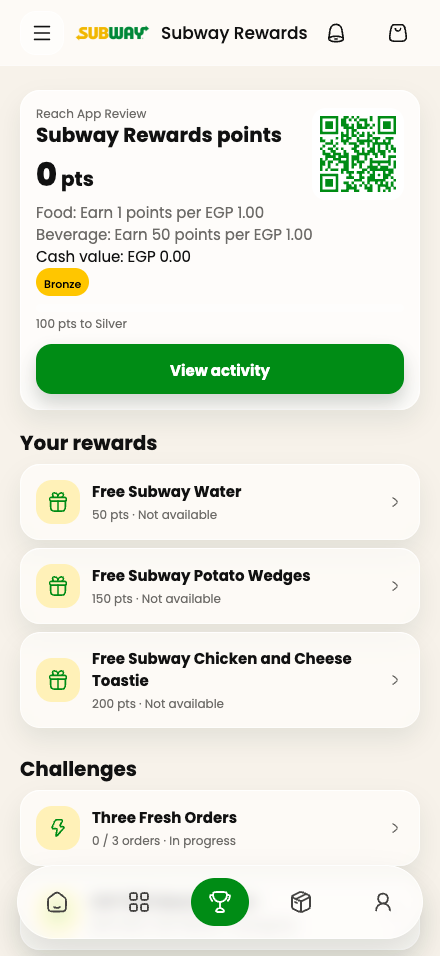 Reach loyalty screen showing a Subway customer's actual demonstration loyalty status and rewards.