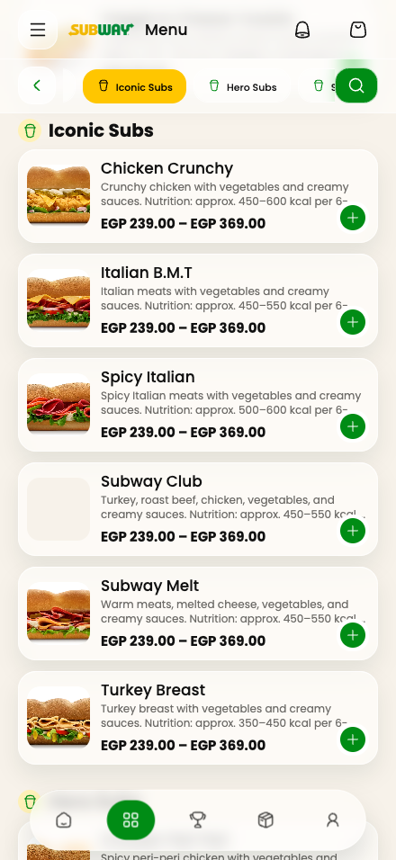The actual Reach menu displaying Subway products in a row layout.