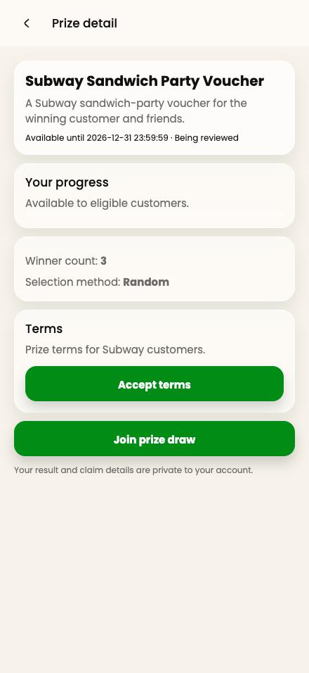 Reach prizes screen showing the prizes available in the Subway demonstration.