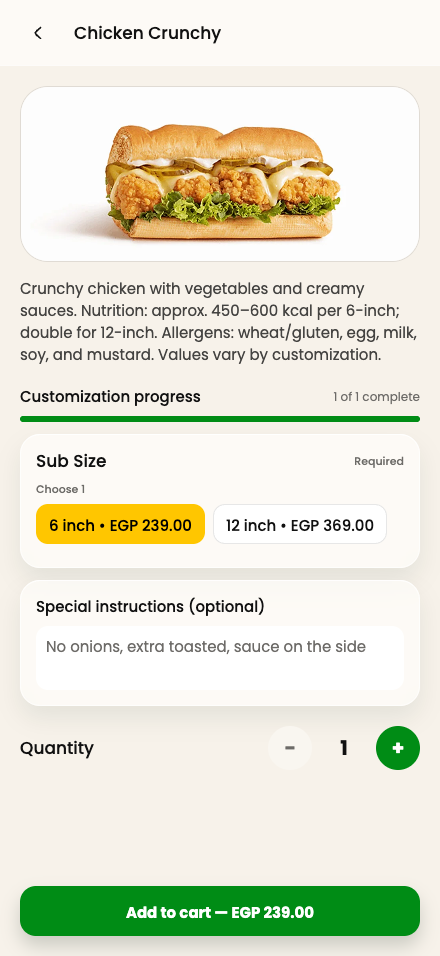 Subway product detail modal in Reach, showing the product and its available choices.