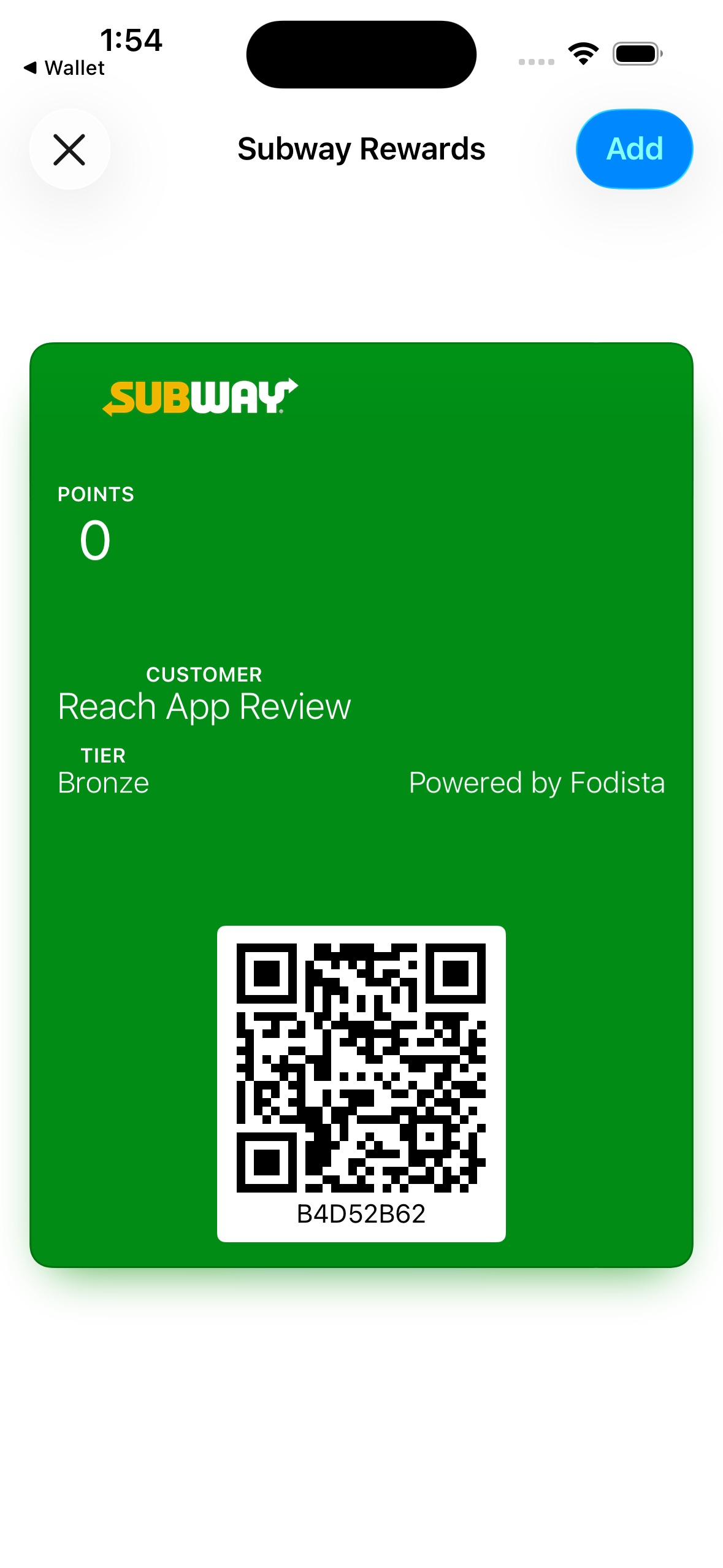 Apple Wallet's actual preview of a signed Subway loyalty pass generated by Reach for the demonstration account.